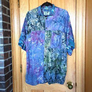 Key West Clothing purple/blue tie dye batik short sleeve abstract shirt L
